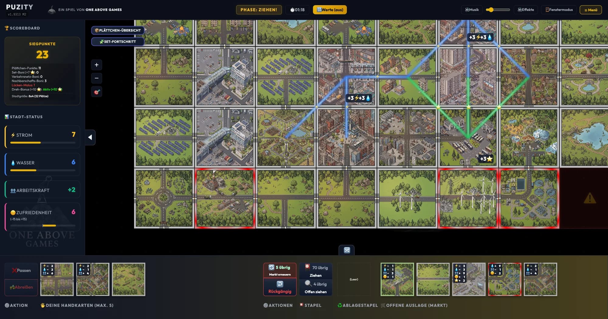A solo game: on the left the scoreboard with every scoring source and the four trackers, at the bottom your hand tiles, the draw pile, and the open market.