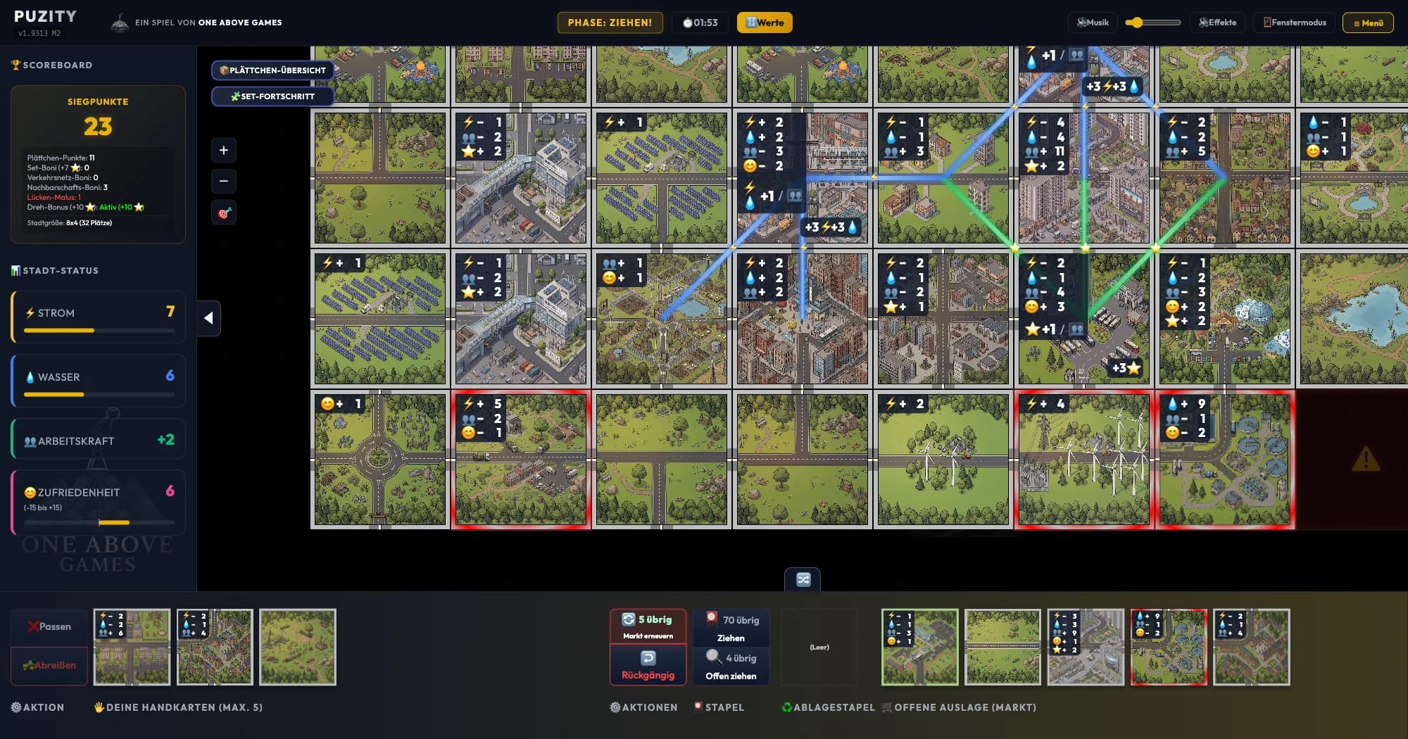 With values turned on, every tile shows what it costs and what it yields — the lines between squares mark active neighbourhood bonuses.